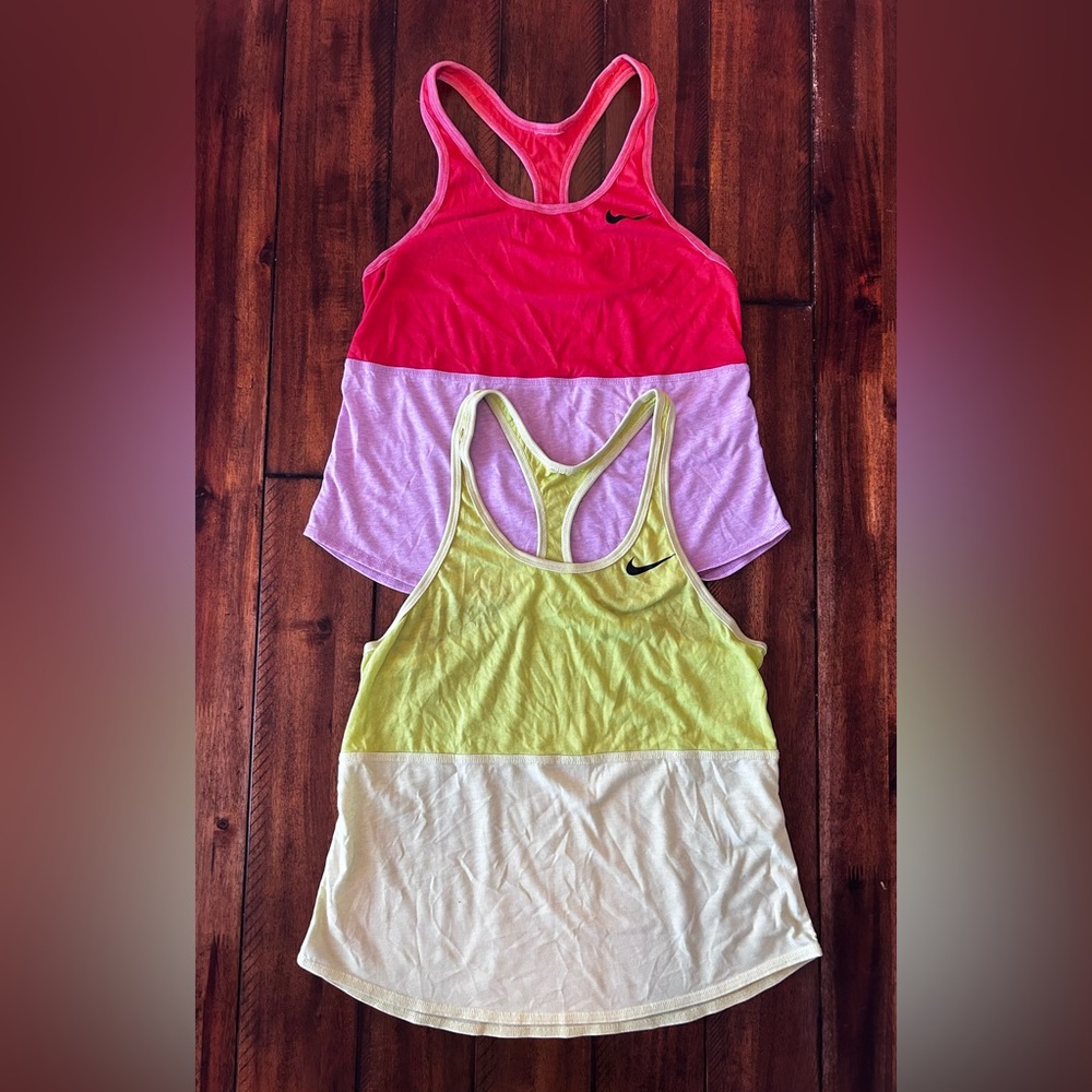 Nike Pink and Yellow Colorblock Tank Tops